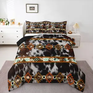 Feelyou Highland Cow Print Cowhide Quilt Cover Set - Multi-Size, Travel-Friendly Western Look Bedding with Exotic Aztec Duvet Cover, Includes Queen Bedding Sets for Teens