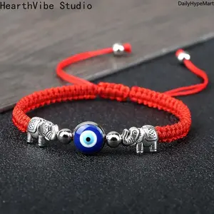 HearthVibe Studio Unisex 2026 Evil Eye Elephant Charm Braided Polyester Bracelet - Adjustable 16-28cm Stack Bangle with Red String Blue Eye Charm, Ideal for Anniversary Gift, Daily Casual Wear