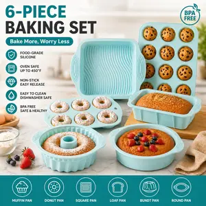 6-piece Silicone Baking Pan Set for Cakes, Food-grade Flexible Silicone Square Round Cake Molds, Non-slip,Nonstick Muffin Mold - Bake Up to 12 Muffins & Cupcakes in Oven - Easy to Use & Clean - Naturally Non-Stick Finish for Desserts