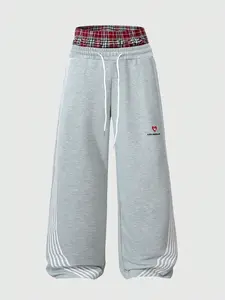 Men's Casual Street Fashion Mock Two-Piece Sports Pants, Thick Knit Cargo Pants with Elastic Waistband and Drawstring, Los Angeles Print Striped Pattern