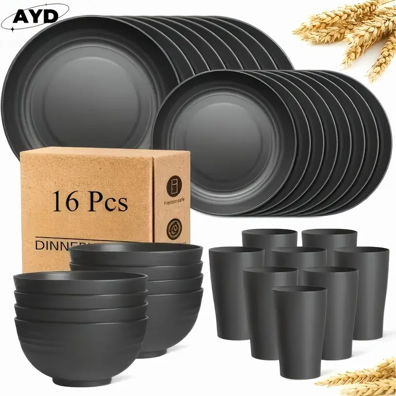 32/16pcs Wheat Straw Large Size Dinnerware Set, Service For 8/4, Lightweight Kitchen Accessories, Unbreakable Modern Dish Set-Plate/Dessert Plate/Bowl/Cup, Dishwasher And Microwave Safe, Perfect Everyday Use, Best Gifts For Thanksgiving And Christma