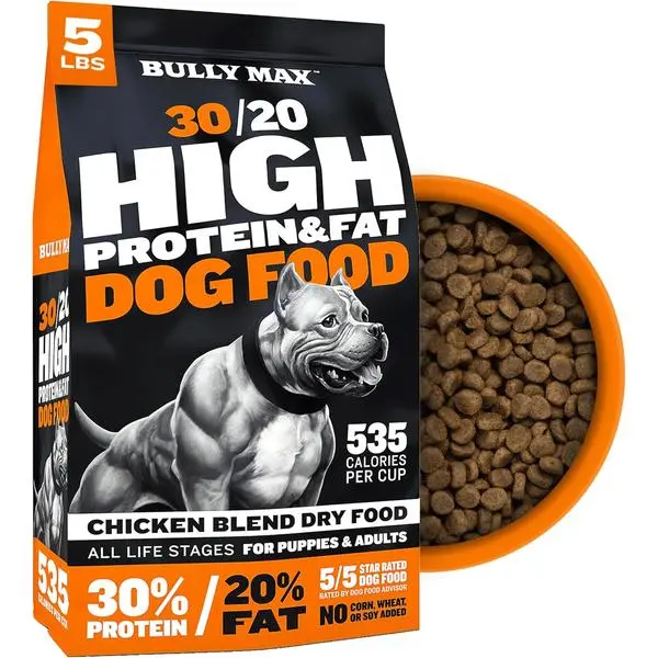 Bully Max High Protein High Calorie Dog Food 30/20 Formula - 535 Cal/Cup for Muscle & Weight Gain - Small & Large Breeds & All Life Stages - No Corn Soy or Wheat, Made in USA, Chicken Flavor, 5 lb Bag