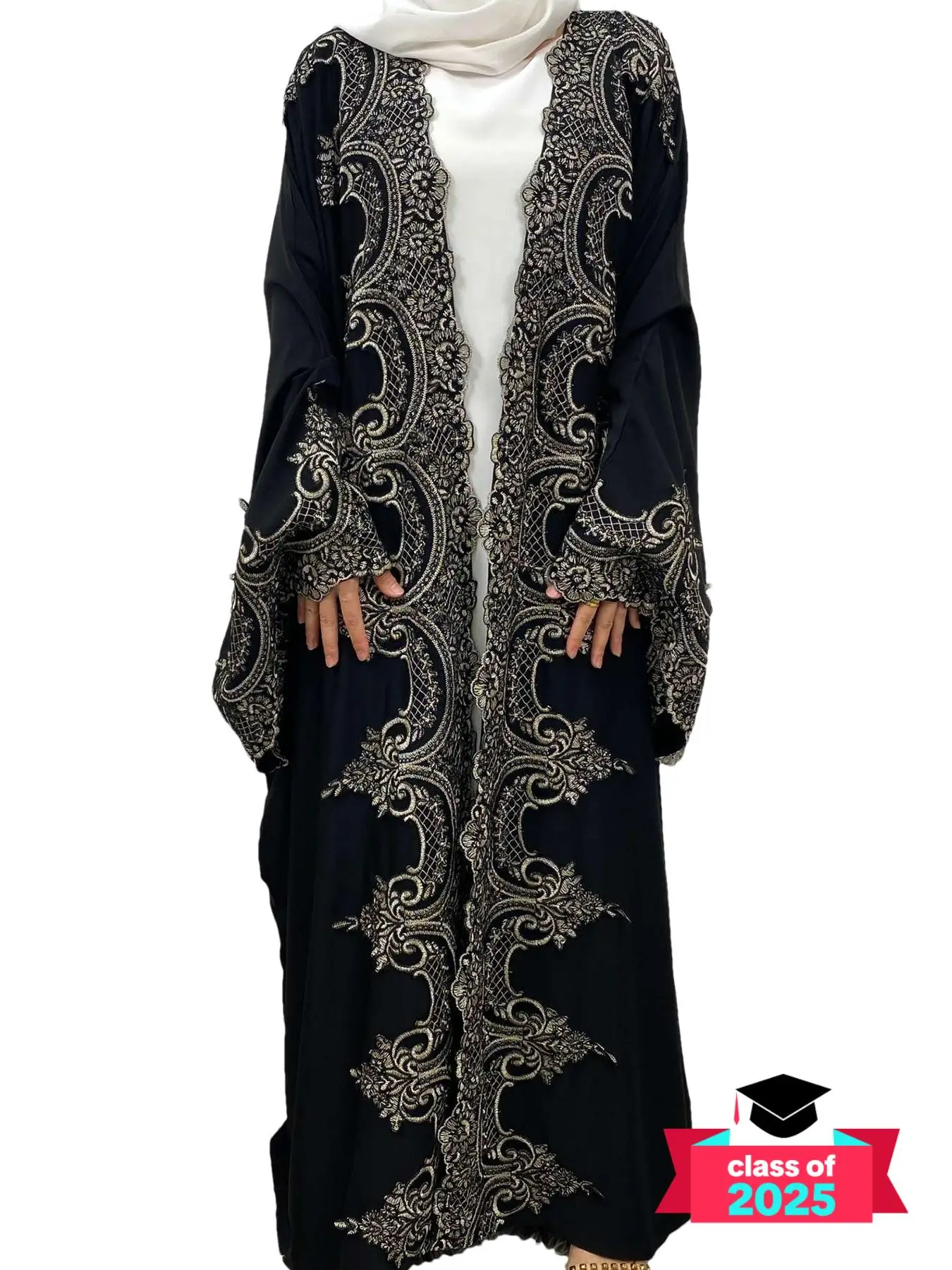 Women's Embroidery Batwing Sleeve Open Front Abaya, Modest Casual Long Sleeve Outerwear for Daily Wear, Ladies Islamic Clothing for Spring & Fall