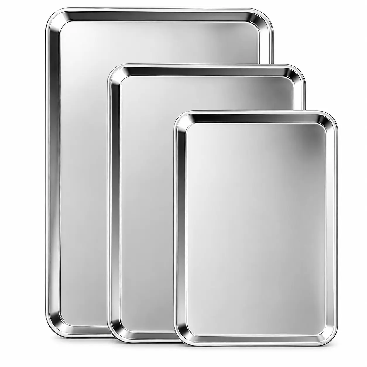 3-Piece Stainless Steel Baking Pan Set - 10.5in, 12.4in, 16in Thickened Reinforced Pans, Nonstick, Non-Toxic, Durable, Easy to Clean, Dishwasher Safe for Baked Goods, Oven Use, Mold-Free Baking, Even Heat