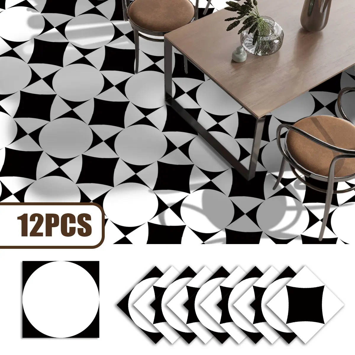 12pcs & Geometric Art Floor Stickers, Tile Stickers, Self-Adhesive DIY Patchwork for Living Room, Dining Room, Balcony & Bathroom Decor