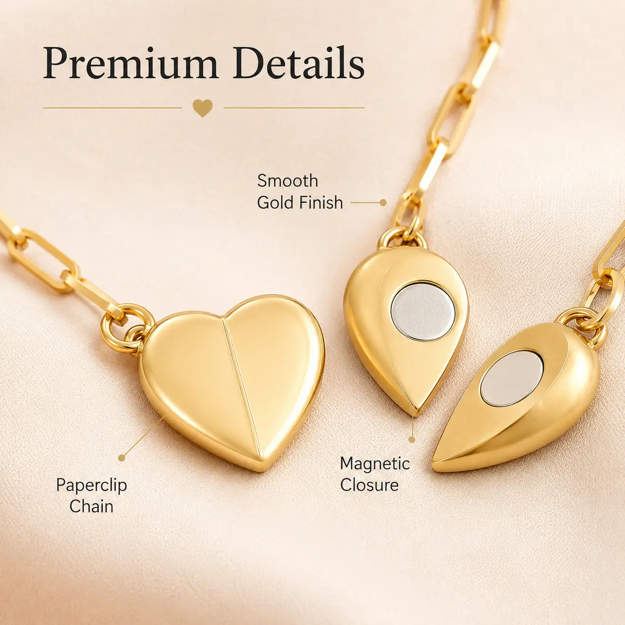 Magnetic Heart Necklace for Women, Gold Paperclip Chain Two Halves One Heart Pendant, Meaningful Gift for Her