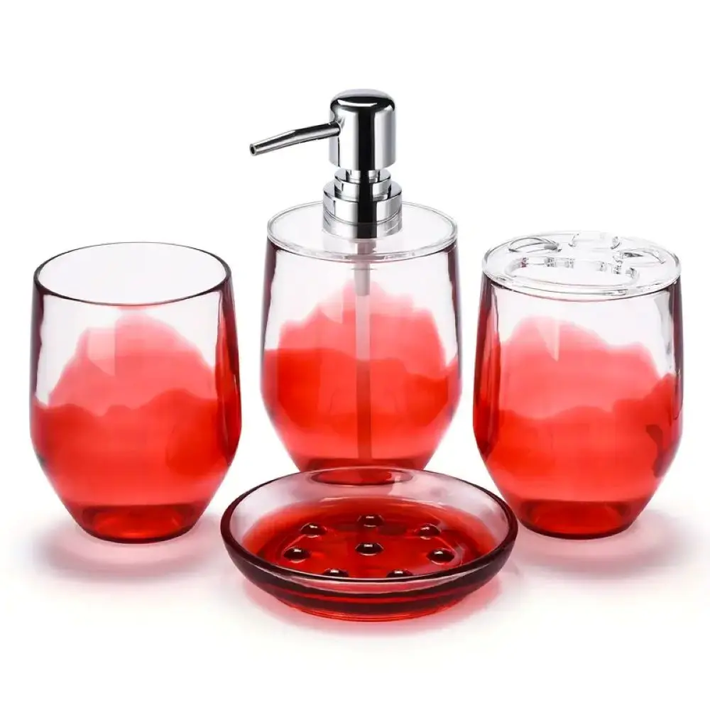 4-Piece Glass Look Acrylic Bathroom Accessory Set, Red - Includes Wipe Holder, Soap Dispenser, Toothbrush Holder, Easy-Clean Home Bathroom Gadget