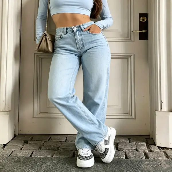 Women's denim pants with embroidered bow light blue Retro Mae Mid Rise Wide straight leg  Trouser Jeans