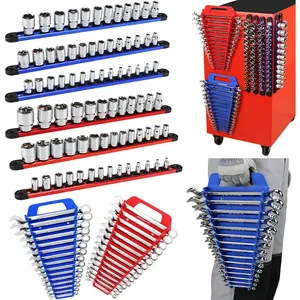 8-Piece Magnetic Socket and Wrench Organizer Set, Metric & SAE, 1/4", 3/8", 1/2" Drive Socket Rail, 24-Slots Wrench Holder with Non-Slip Handle for Toolbox Drawer Storage (Socket Wrench not Included)