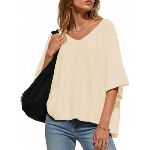 Saodimallsu Women's Soft Airy V-Neck Batwing Sleeve Oversized Dolman Knitwear - Cute Draped Rolled Hem Lightweight Casual Top, Campus Style, All Seasons Wear, Cold Wash Compatible, Do Not Wring