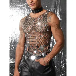 Menswear Shiny Men's Tanks - Stylish Raw Street Wear Rhinestone Fishnet See-Through Muscle Vest, Breathable Round Sequin Sleeveless T-Shirt for Party Nightclub, As Photos