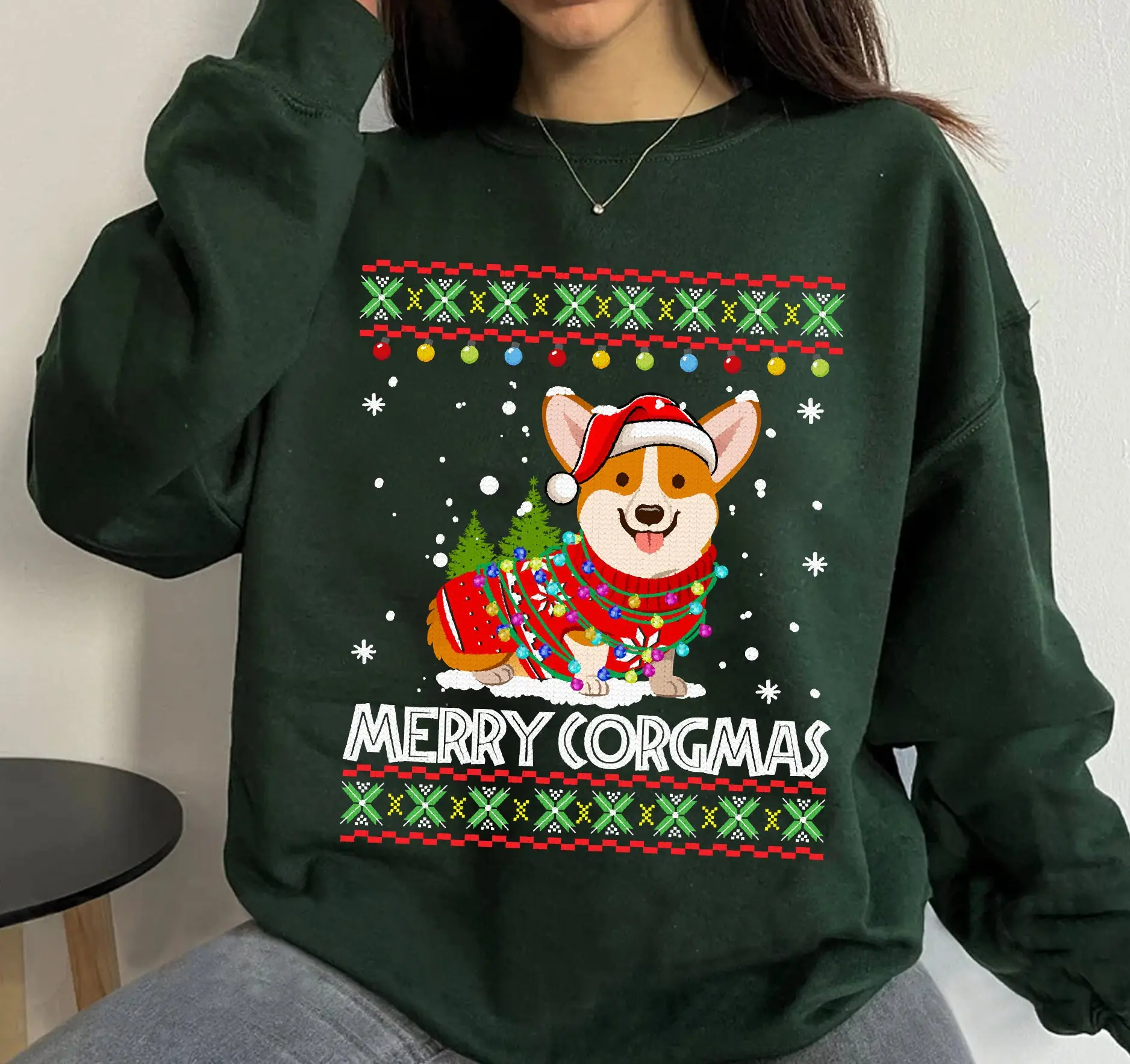 Cute Corgi Dog Christmas Cotton Ugly Sweater, Merry Corgmas Unisex Pullover Sweatshirt, Corgi Christmas Lights Womenswear, Family Christmas Matching