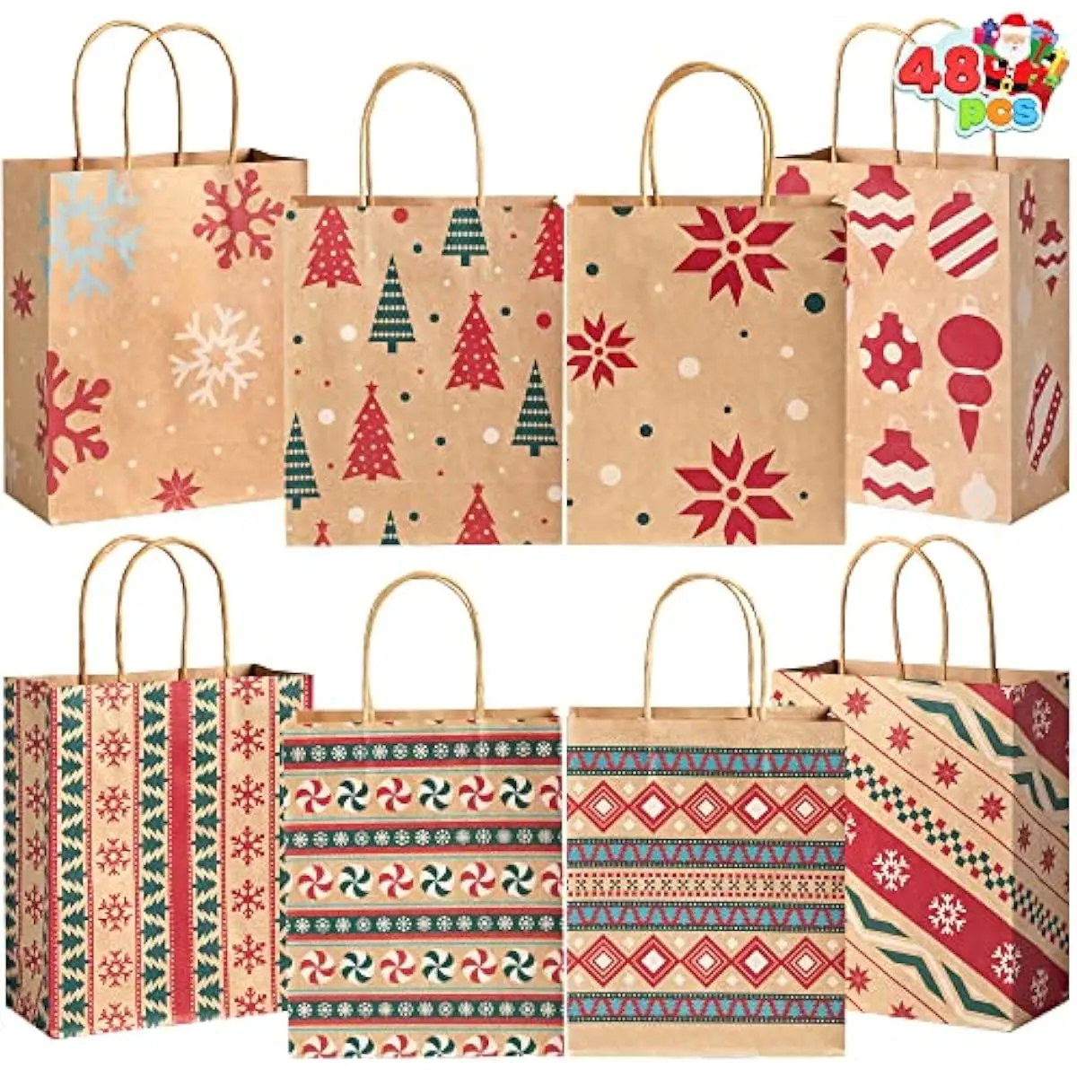 JOYIN 48 PCS Christmas Kraft Bags, Presents Wrapping Goody Treat Candy Bags with Handle Xmas Characters for Christmas Party Favors, Gift Giving, Holidays Decorations, Xmas Treat (7" x 9" x 3.5 ")