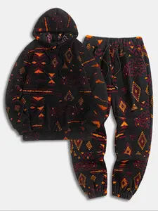 Men's Fall Winter Ethnic Geometric Printed Fleece Hoodie and Sweatpants Set, Couples, Homeewear Set, Casual Sportswear