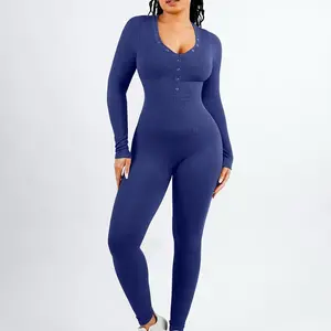 FeelinGirl Women's Long Sleeve V-neck Bodycon Jumpsuit One-piece Seamless Ribbed Romper Long Skinny Sportswear