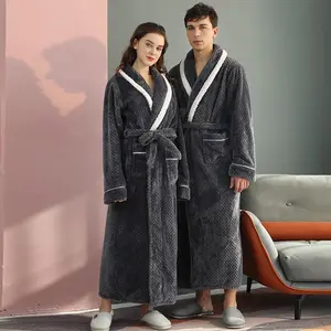 Winter Lovers Thickened Solid Flannel Couple’s Matching Robe Set — Long Bathrobe/Nightgown with Pocket, Intimate Lingerie, Homewear