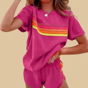 Womens Casual Activewear Two Piece Set 2026 Loose Fit Short Sleeve Top High Waist Bermuda Shorts Colorful Striped Design Soft Cotton Fleece Vintage Sporty Aesthetic Comfortable For Gym Workout Daily Wear Breathable Chic Outfit