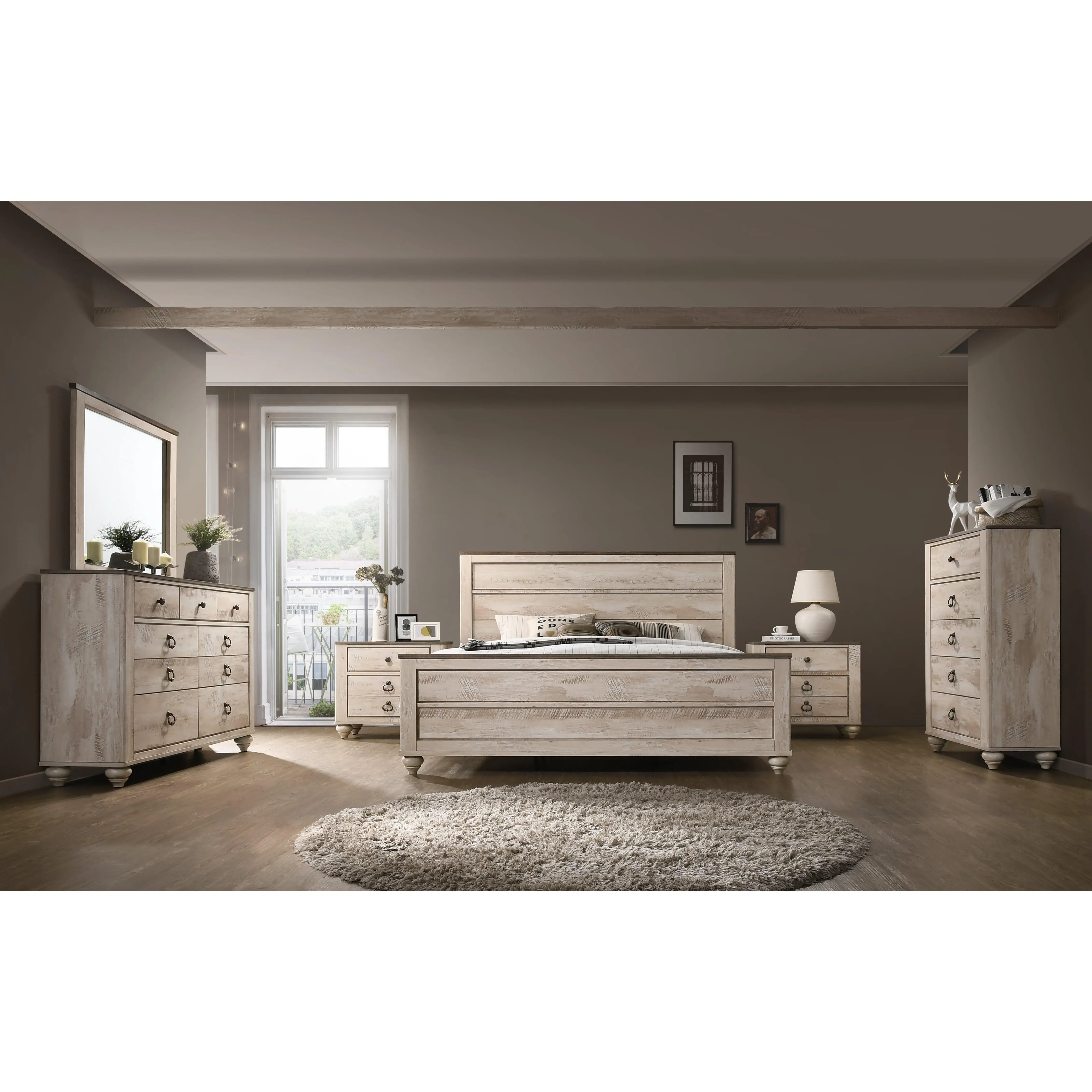 Imerland Contemporary White Wash Finish Bedroom Collection