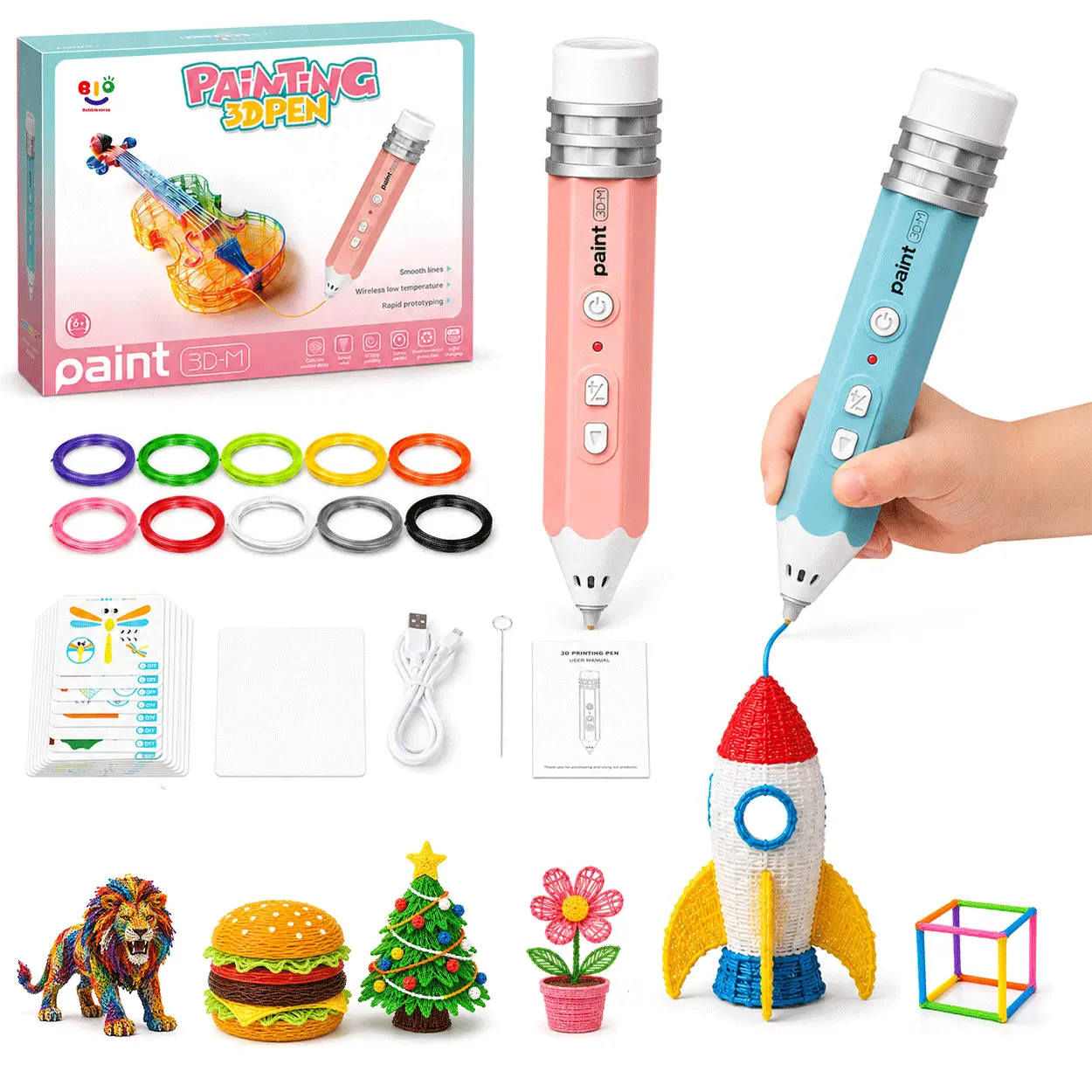 3D Printing Pen  - Includes 3D Pen, with 10 Colors 164 Feet PCL Filament Refills, Stencil Book + Project Guide, and Power adapte STEM Arts and Crafts Birthday Toys Gift for Kids Boys Girls 6+