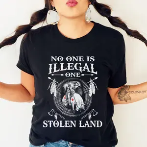 No One Is Illegal On Stolen Land - Awareness Native American T-Shirt Unisex Streetwear Crewneck with Soft Cotton Fabric, Seamless Ribbed Hem Design Casual Comfort