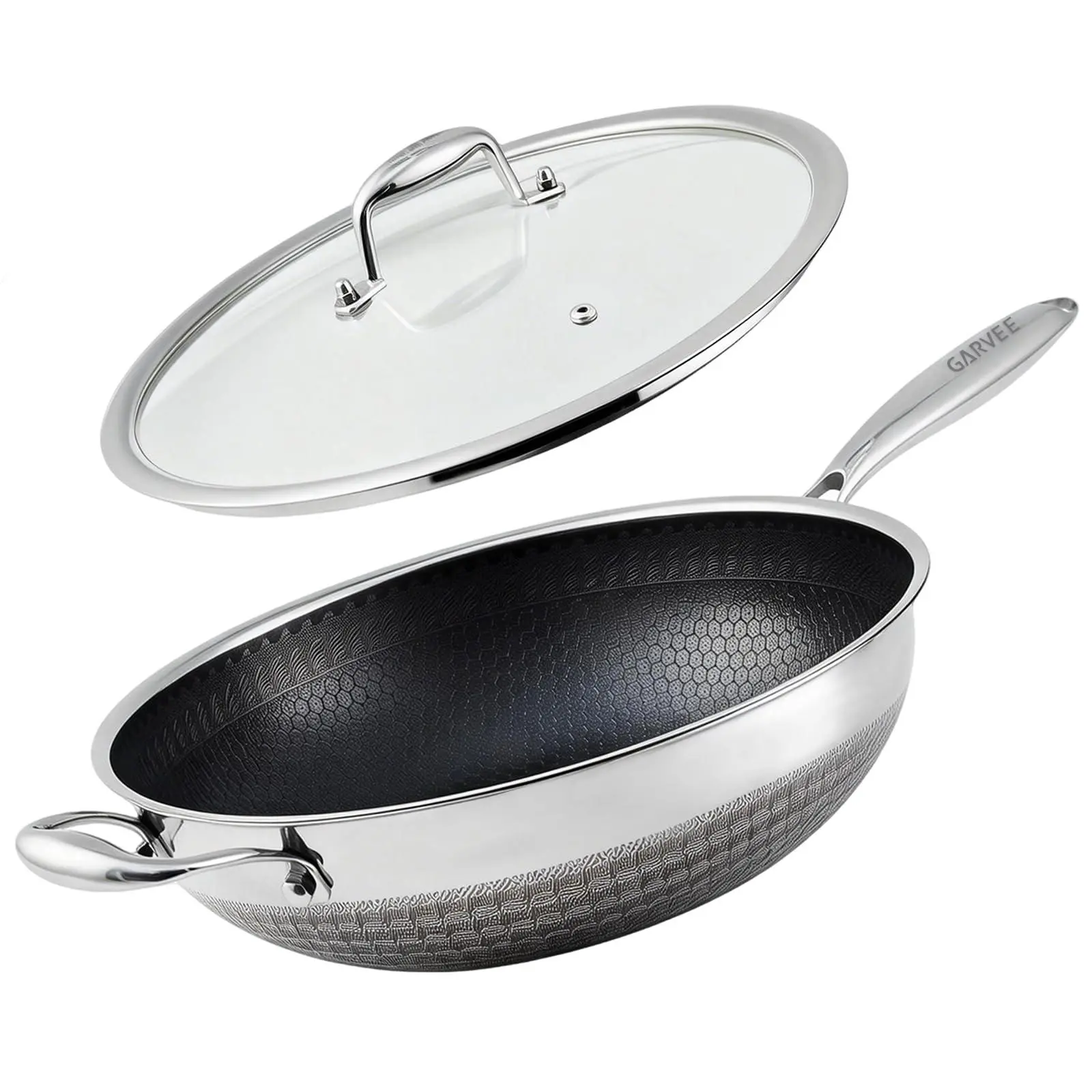 12in Hybrid Stainless Steel Wok Pan with Lid, PFOA-Free Nonstick Stir-Fry Pan for Induction Cooktops and Dishwasher Use