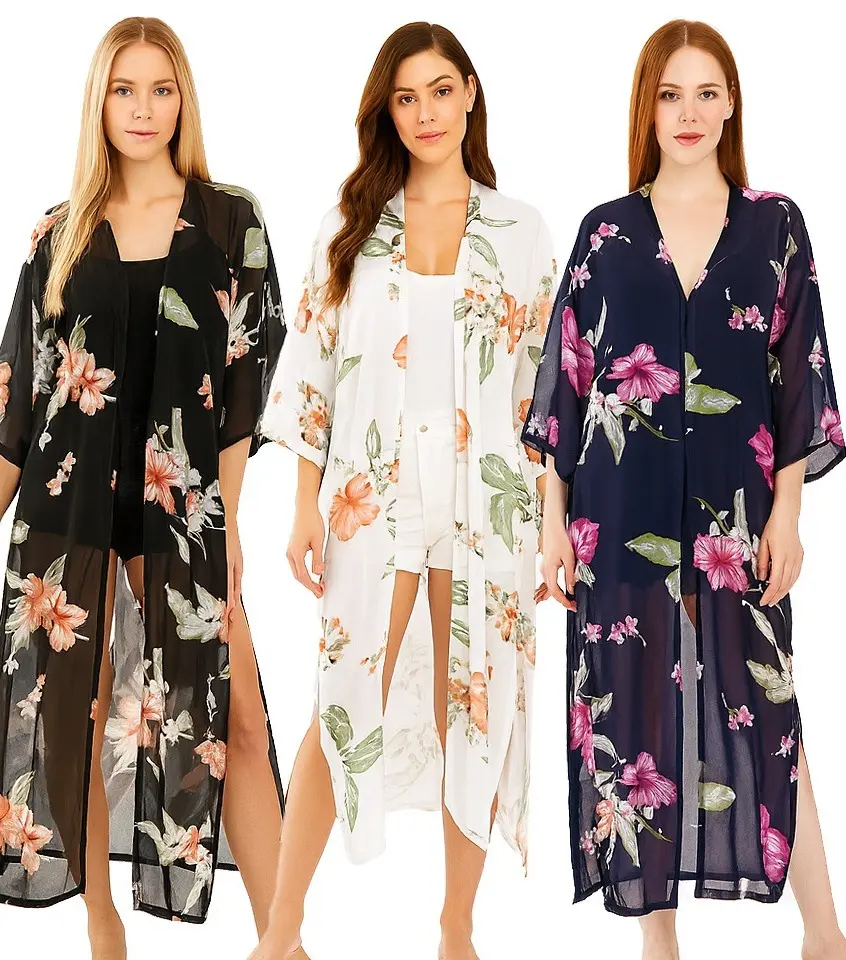 Women's Kimono Cardigan, Boho Floral Print Chiffon Beach Cover Up with Puff Sleeves and Both Sides Splits, Lightweight Quick Drying Duster for Honeymoon