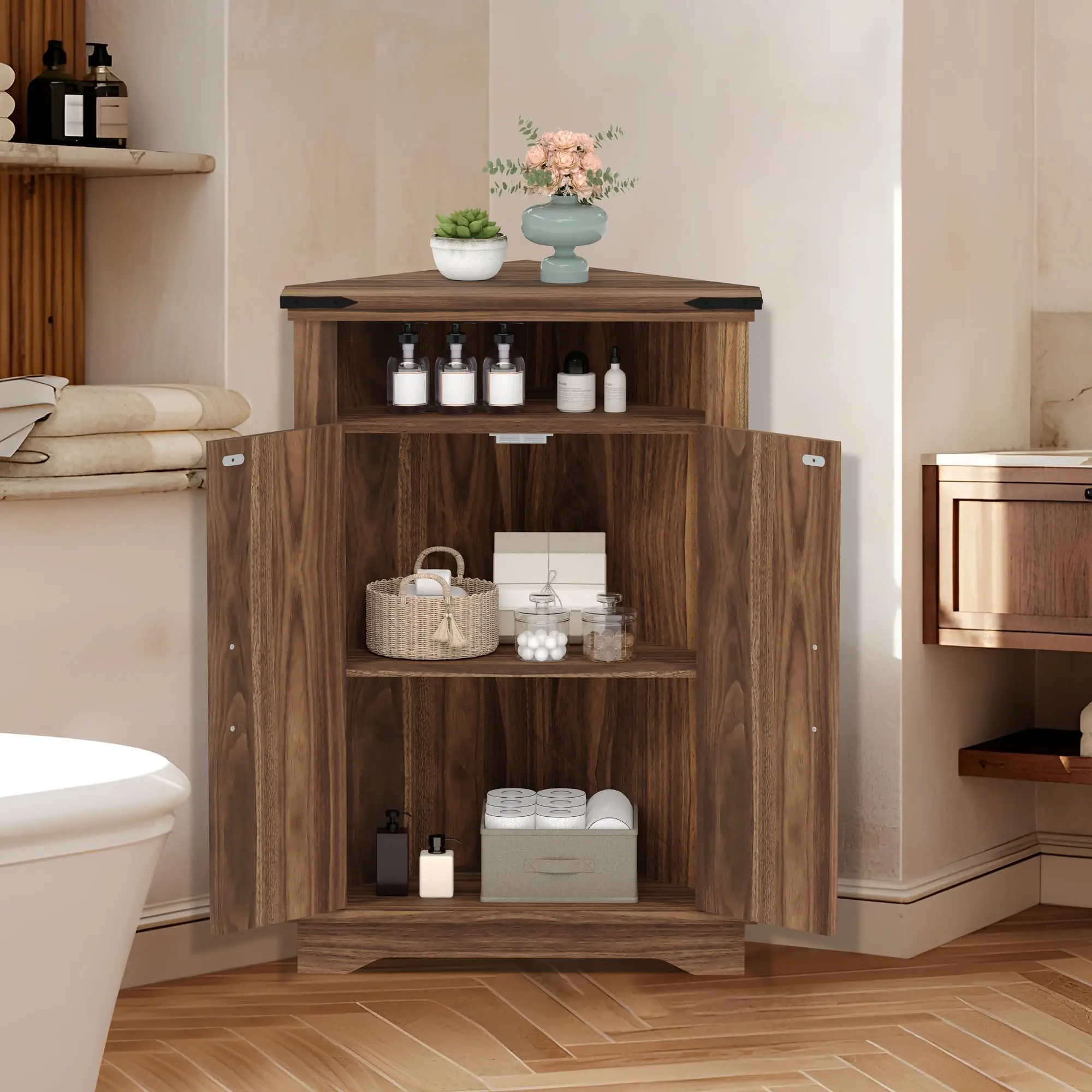 Garvee Rustic Brown Farmhouse Corner Bathroom Cabinet with Barn Door and Adjustable Shelf - Versatile Storage Cabinet for Bathroom, Kitchen, and Living Room