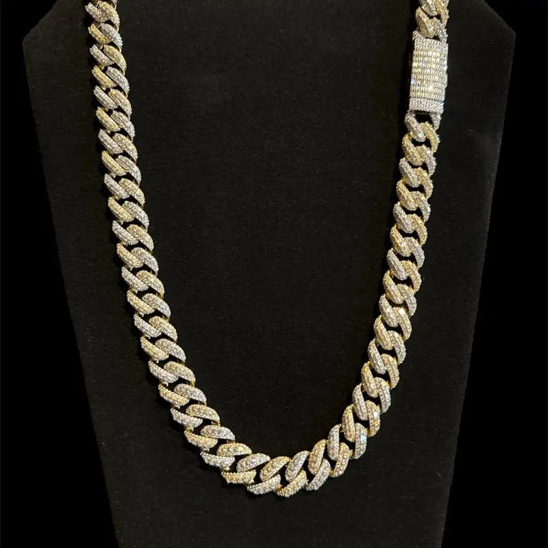 2 Tone Gold .925 Silver Moissanite Solid Cuban Necklace Chain 39.53 CTW VVS D Color 14mm 24 inch