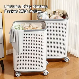 A foldable white laundry hamper with a lid, multi-functional portable wheeled dirty clothes basket, suitable for storage in bathrooms and balconies