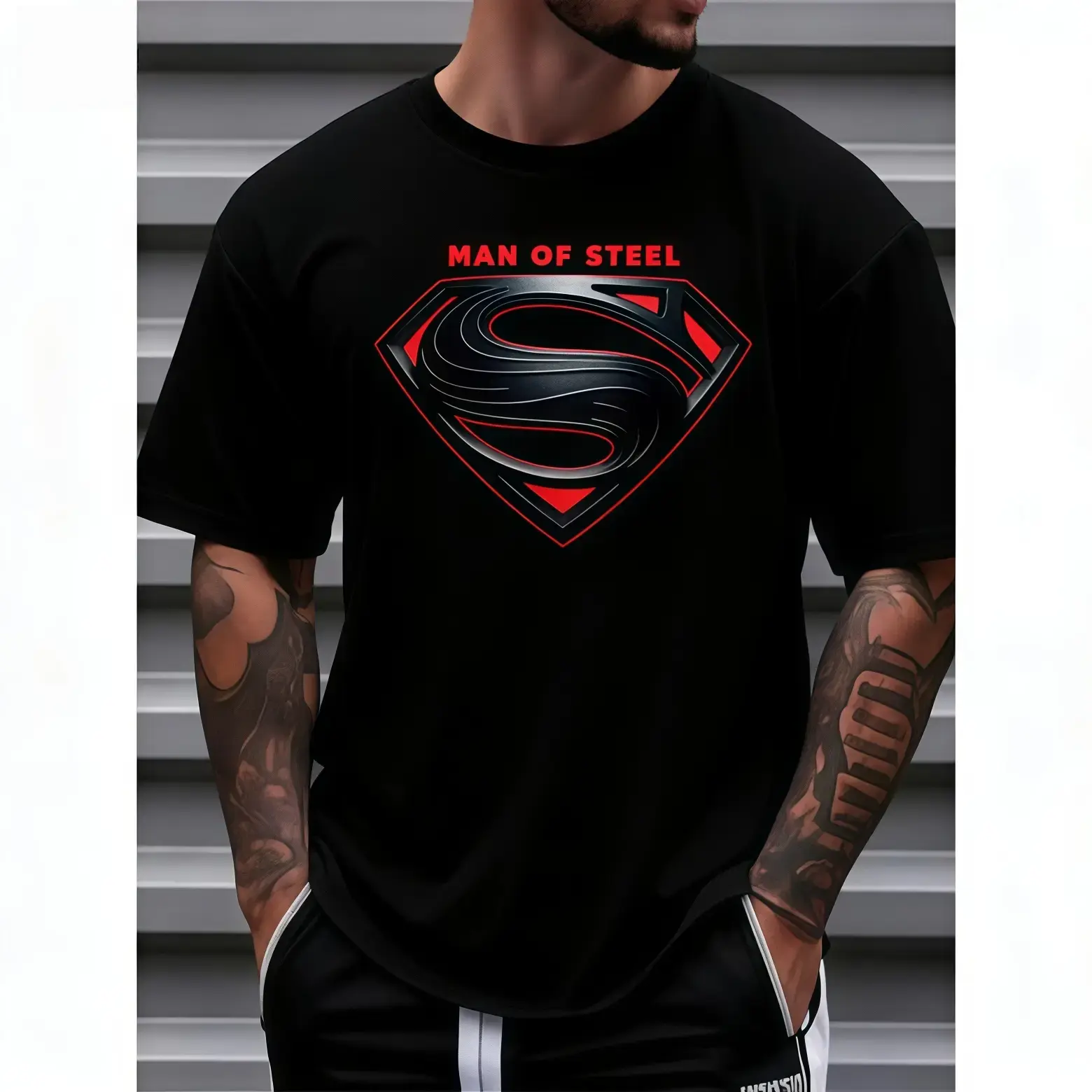 Men's Casual Crew-Neck T-Shirt – Short-sleeve tee with "Man of Steel" graphic print, suitable for everyday wear in spring and summer |   Fun text design, comfortable fit