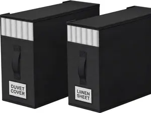 2-Pack Bed Sheet Set Organizer and Storage | Collapsible Bedding Storage Box for Closet | Heavy Duty Sheet Folders with Handle & Clear Windows | Fits Queen & King Duvet Covers | Linen Closet Organization (Black)