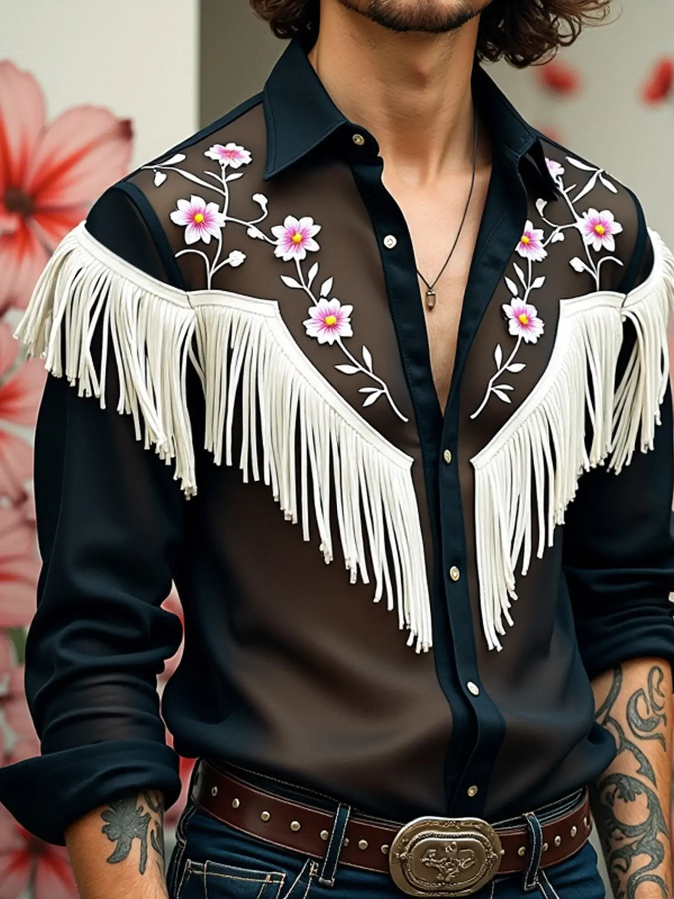 INCERUN Handsome Casual Collared Button Front Shirt Long Sleeve Shirts Men Loose Turn Down Collar Tassel Blouses Fashion Printing Lace Splicing Tops