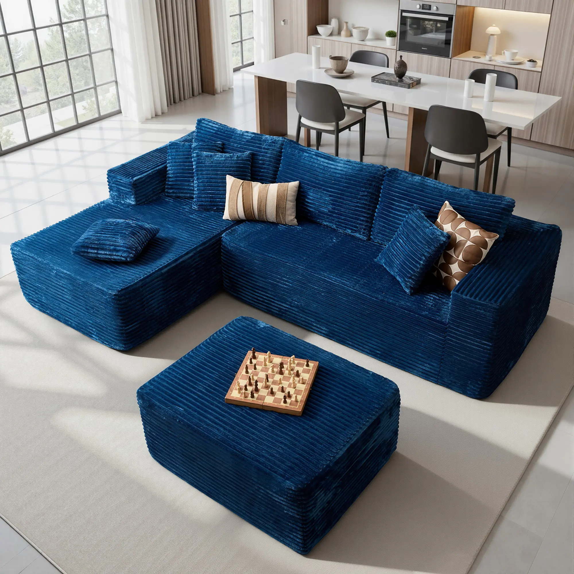 Blue Corduroy Left Chaise With Ottoman
