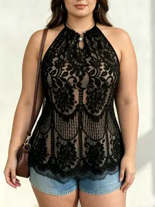 Plus Size French Halter Lace Blouse Shirts Button, Hollow Out Embroidered Waist Design, Sexy Slimming Loose, Casual Office Date Top