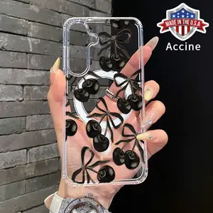 Magnetic Phone Case for Samsung S24 PLUS ULTRA S25 S23 FE S22 Plus Ultra Black Cherry  Acrylic Back Silicone Edges Scratch-resistant Skin-friendly Feel Cover Protector Wireless Protection Shockproof
