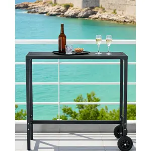 Garvee Weatherproof Metal Bar Table with Wheels and Adjustable Feet – 39" Outdoor Counter Height Patio Dining Table for Balcony, Yard, Kitchen Island, Home Bar – Black