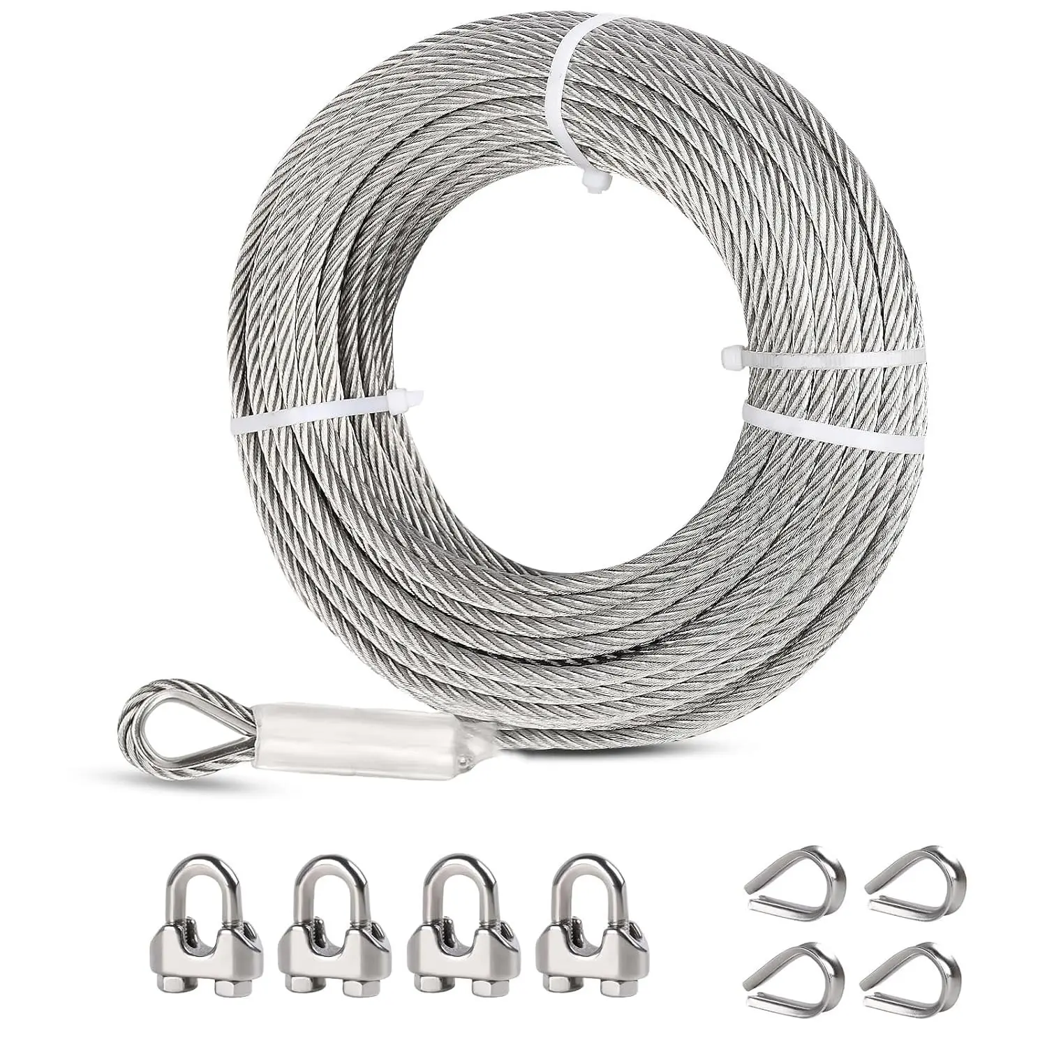 1/4 Stainless Steel Cable, 25ft Wire Rope with Wire Rope Clamps and Thimble, 6400lbs Breaking Strength, 7X19 Strands Aircraft Cable for Yard Zipline, Deck Railing, Boat Lifts | Pre-Formed Eye Loop, 7X 19 Strands, 6400 lb Break Strength Aircraft Cable