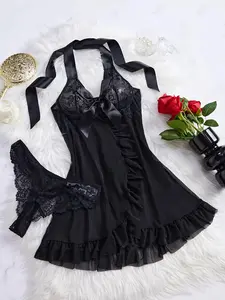 Women's Two-Piece Set Lingerie Transparent Ruffled Patchwork Thongs & Sleepwear, All-Season Comfort Design, Fitted Regular-Length Style