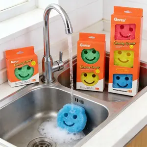3-Pack Cute Happy Face Dishwashing Sponges - Eco-Friendly, Reusable, Non-Scratch, Removable Kitchen Cleaning Tool for Dishes, Dishwashing Sponge