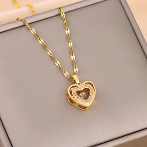 Double-layer Love Necklace With Rhinestones Titanium Steel Pendant Fashion Jewelry for Women Valentines Day Gift Heart Shape 40+5cm Length