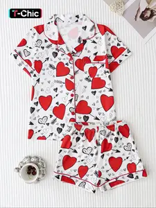 Women's Valentine Heart Bear Print Pajama Set, Casual Fitted Short Sleeve Top & Loose Comfortable Shorts, All Seasons Sleepwear, Shorts Pj Set