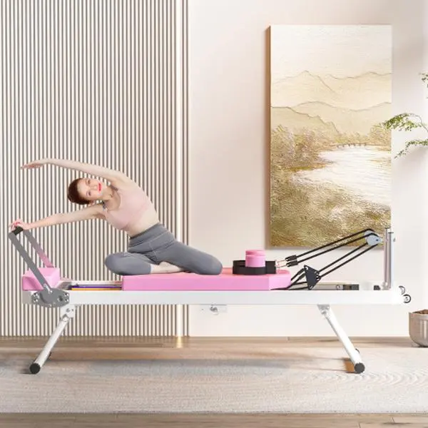 Pink Foldable Pilates Reformer Machine with Dual Resistance, Eco-Silicone Leather Padding, 11 Strength Options for Home Gym, 330.5 lbs Capacity, Build Strength, Easy Assembly, Foldable Design, High-Density Sponge, Muscle Training, Space Savings, Multifunc