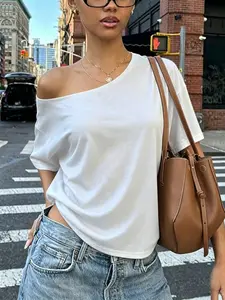 Women's Off-Shoulder Top – Plain Loose Fit T-Shirt, Y2K Street Style, Casual Summer Wear, Long Sleeveless Design, Perfect for Daily