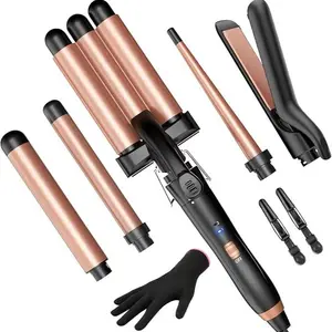 BESTOPE PRO 5-in-1 Curling Iron Set with Hair Straightener 3 Ceramic Curlers 2 Rapid Heating Curlers Gloves & Clamps Purple Rose Gold Daily Smooth Styling Tools