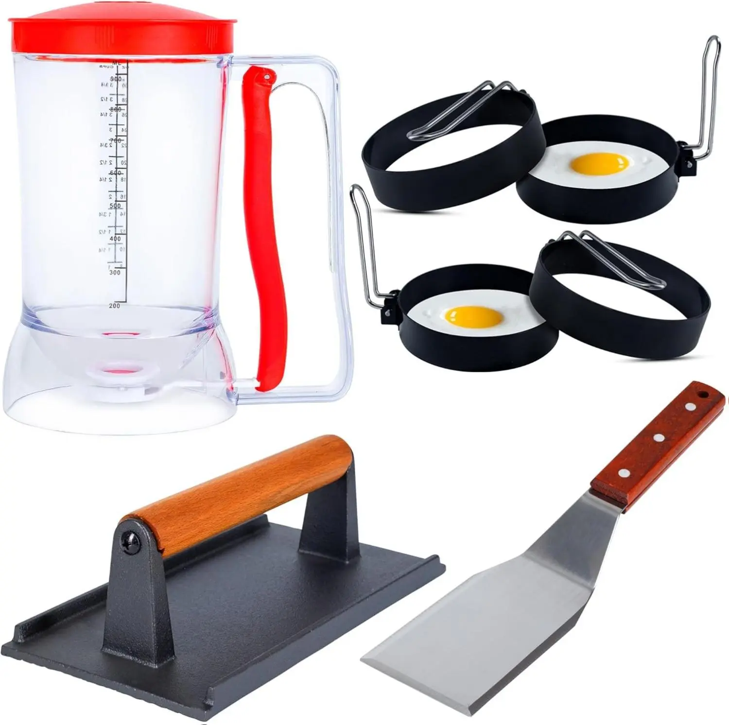 [New Deal]- Griddle Breakfast Kit Compatible with Blackstone Griddle, Pancake Batter Dispenser, Bacon Press, 4 Egg Rings & Stainless Steel Spatula - Best for Indoor-Outdoor Cooking.