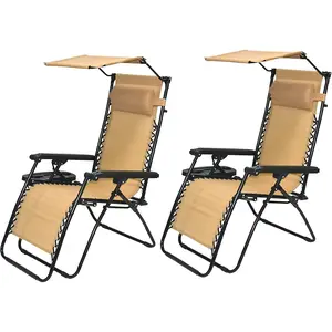 Set of 2, Adjustable Steel Mesh Zero Gravity Lounge Chairs Outdoor Patio Recliner Beach Yard Garden w/Pillow Sunshade Utility Tray Cup Holder Heavy Weight Capacity, 2Pack TAN Beige w/Canopy