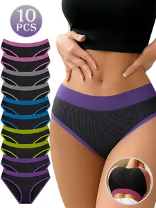 Women's Colorblock Mid Waist Panty, Soft Comfy Breathable Seamless Knicker for Daily Wear, Curvy Underwear for All Seasons, Womenswear, Soft Comfy Panties, Seamless Undergarment