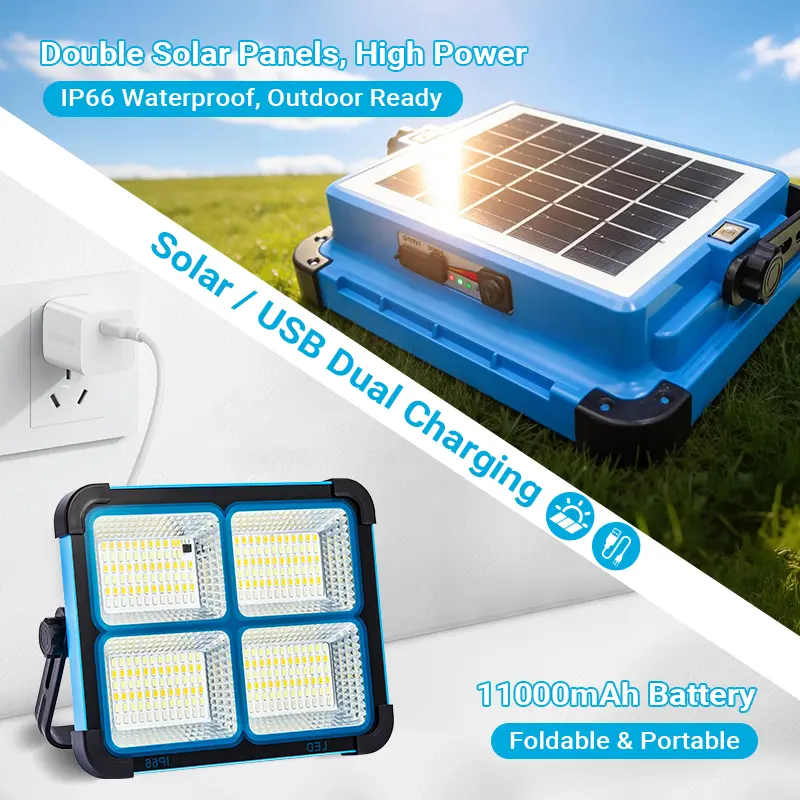 Qawtor 288-LED Solar Rechargeable Foldable IP66 Waterproof Flood Spot Work Light, USB Charging, Emergency Mode, 180° Adjustable Stand, Portable Lantern for Camping, Garage