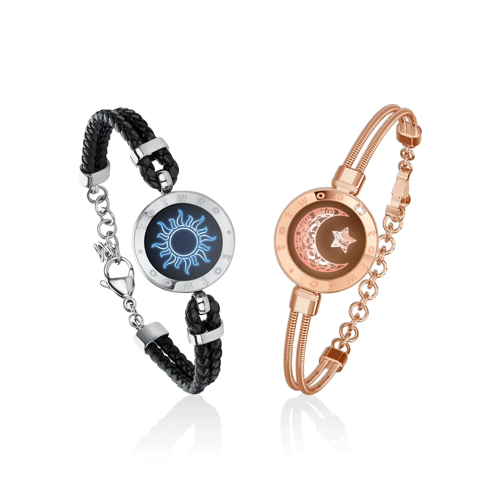 TOTWOO Sun and Moon Leather Strap Bluetooth Long-Distance Touch Bracelets for Couples, Modern Fashion Jewelry, Lab Created Smart Light-Up & Vibration Daily Accessories, 1-to-1 App Pairing BF & GF Intimate Gifts