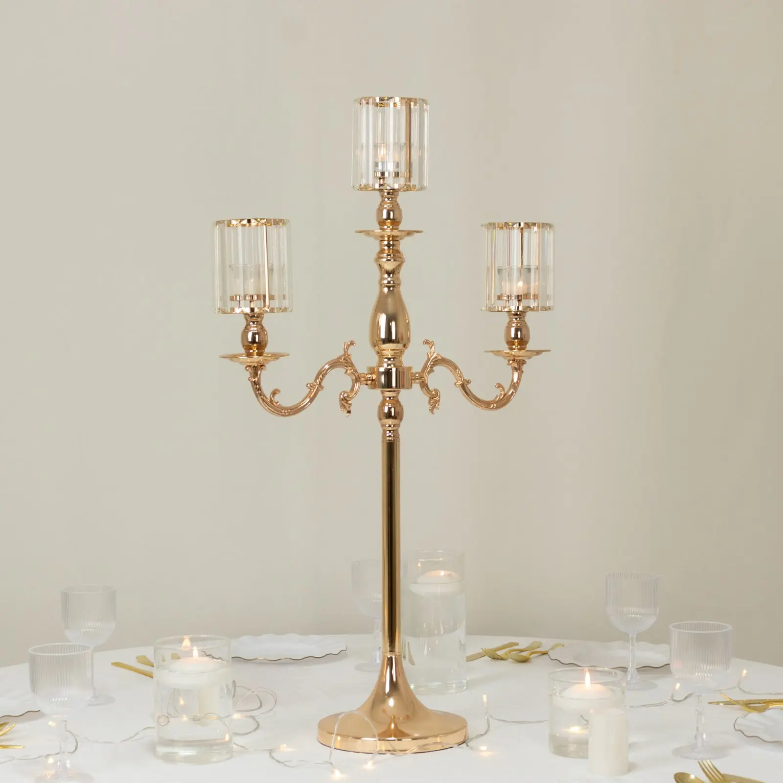 3-Arm Gold Metal Candelabra Chandelier - 34" Tall Elegant Candle Holder with Crystal Shades, Pendant Glass Holders for Pillar/LED Candles, Hand Wash Only, Ideal for Wedding Decor, Engagement, Anniversary, Room Decor